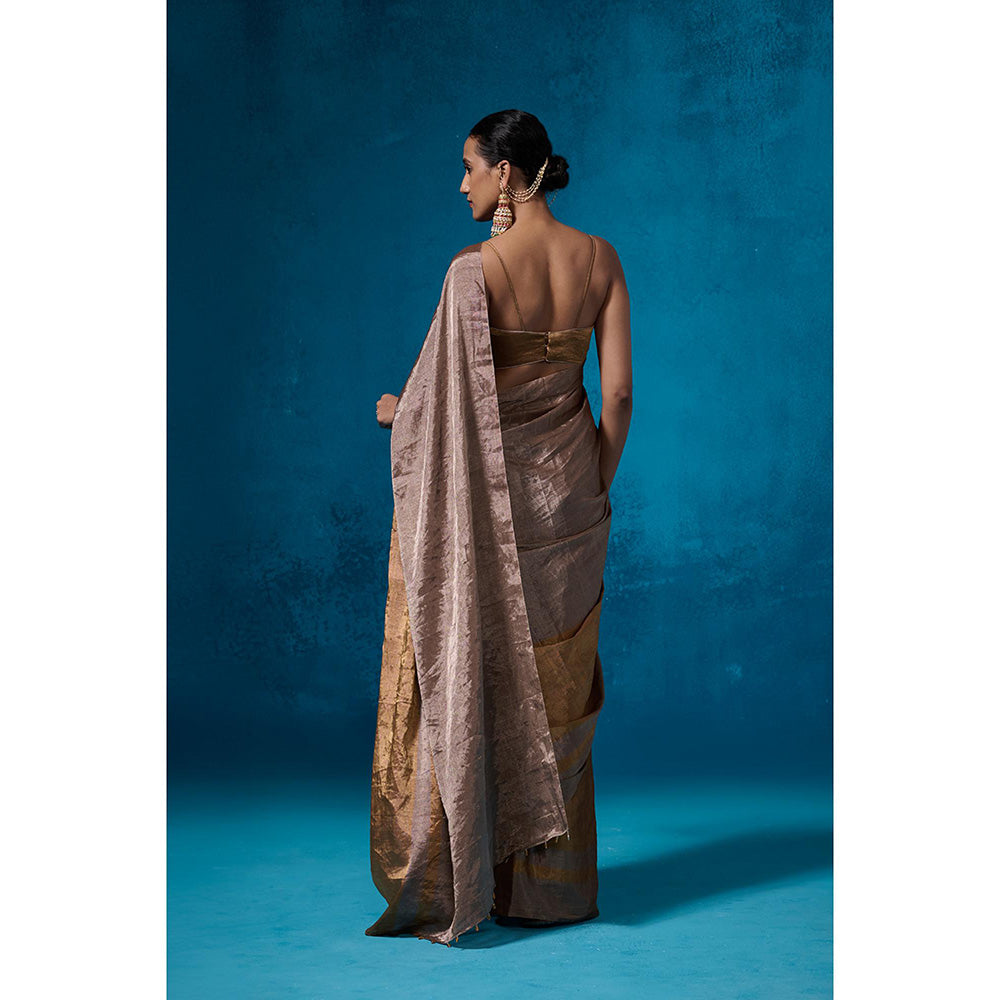 Dressfolk Handwoven Tissue Gold Silver Glass Beads Border Saree With Matching Unstitched Blouse