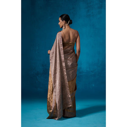 Dressfolk Handwoven Tissue Gold Silver Glass Beads Border Saree With Matching Unstitched Blouse
