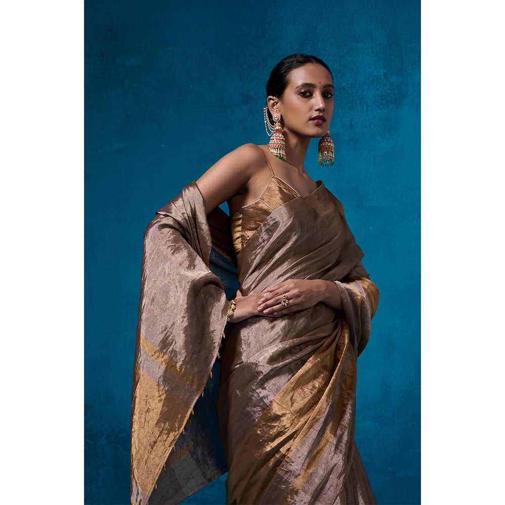 Dressfolk Handwoven Tissue Gold Silver Glass Beads Border Saree With Matching Unstitched Blouse