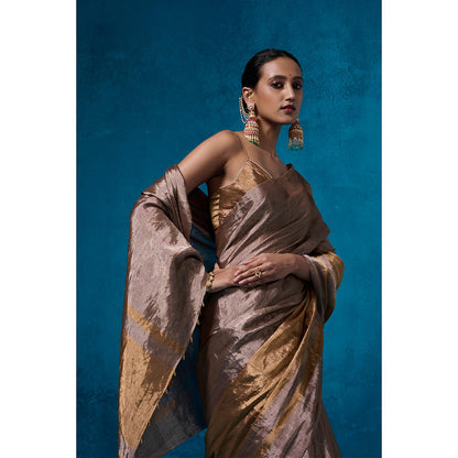 Dressfolk Handwoven Tissue Gold Silver Glass Beads Border Saree With Matching Unstitched Blouse