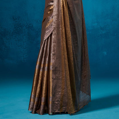 Dressfolk Handwoven Tissue Gold Silver Glass Beads Border Saree With Matching Unstitched Blouse