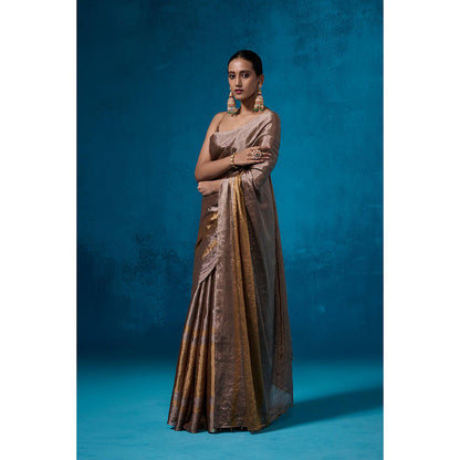 Dressfolk Handwoven Tissue Gold Silver Glass Beads Border Saree With Matching Unstitched Blouse