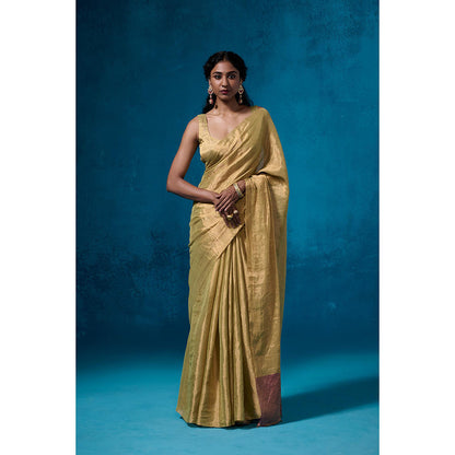 Dressfolk Handwoven Tissue Green Silver Zari And Maroon Saree With Matching Unstitched Blouse