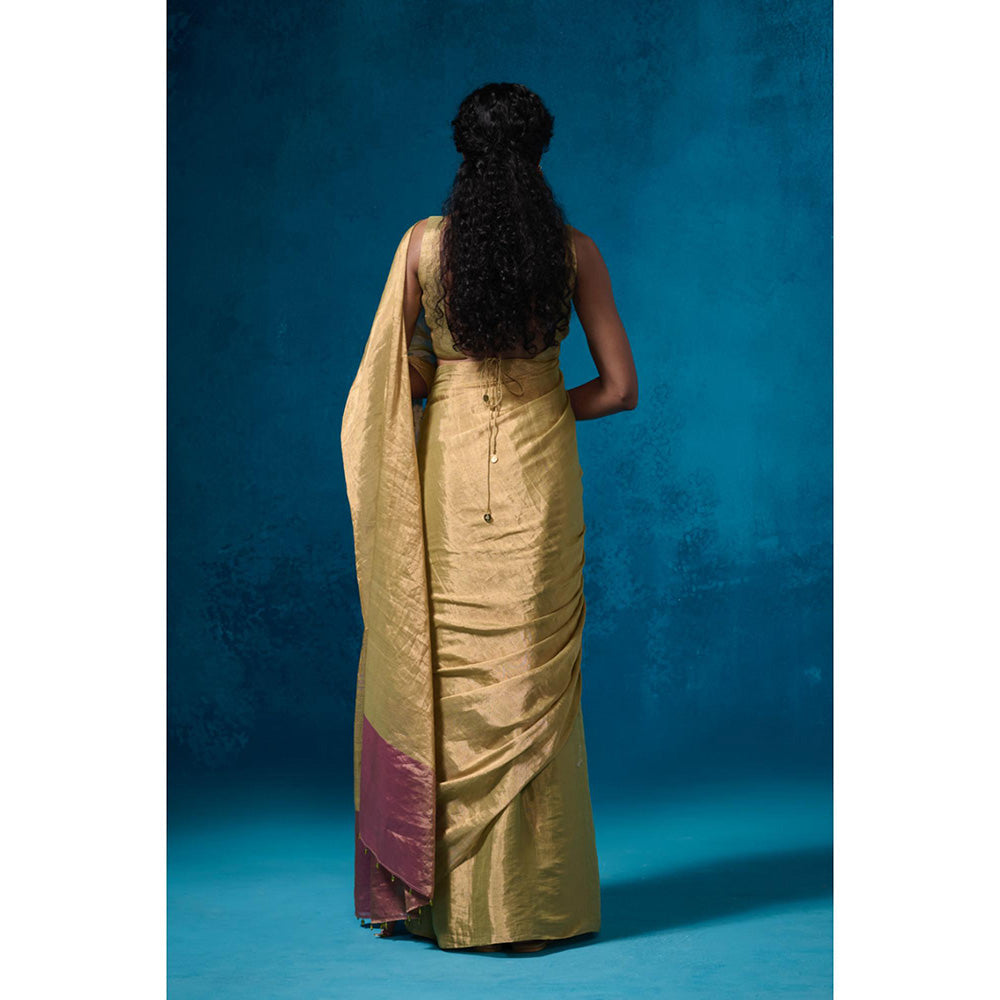 Dressfolk Handwoven Tissue Green Silver Zari And Maroon Saree With Matching Unstitched Blouse