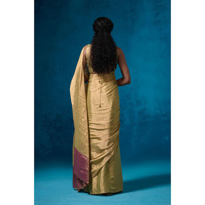 Dressfolk Handwoven Tissue Green Silver Zari And Maroon Saree With Matching Unstitched Blouse