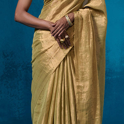 Dressfolk Handwoven Tissue Green Silver Zari And Maroon Saree With Matching Unstitched Blouse