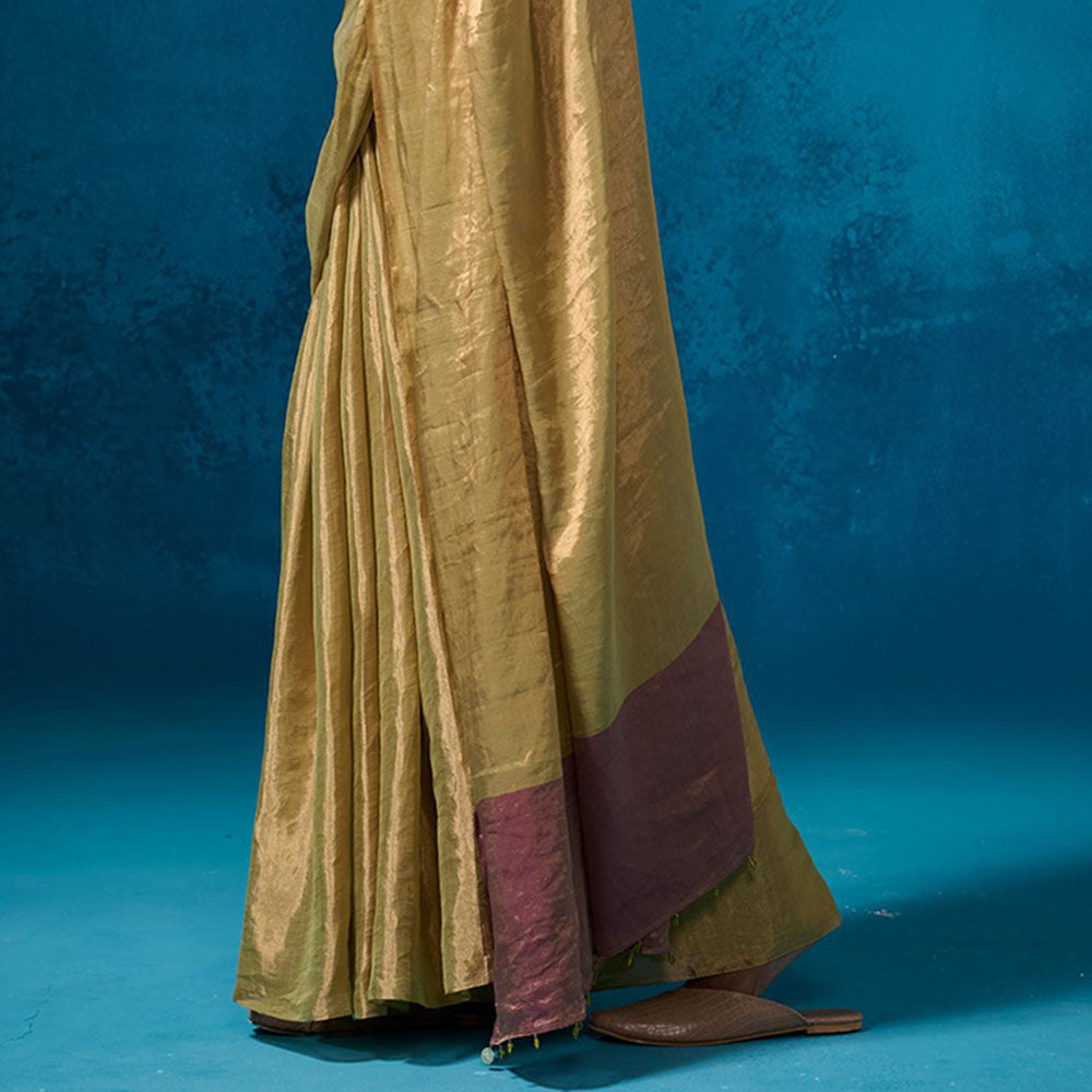 Dressfolk Handwoven Tissue Green Silver Zari And Maroon Saree With Matching Unstitched Blouse