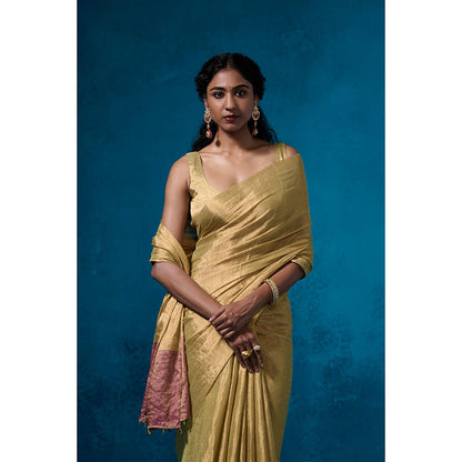 Dressfolk Handwoven Tissue Green Silver Zari And Maroon Saree With Matching Unstitched Blouse