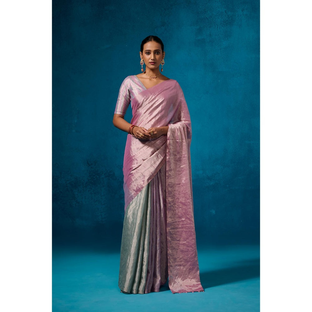 Dressfolk Handwoven Tissue Light Shades Of Pink Purple And Aqua Saree With Unstitched Blouse