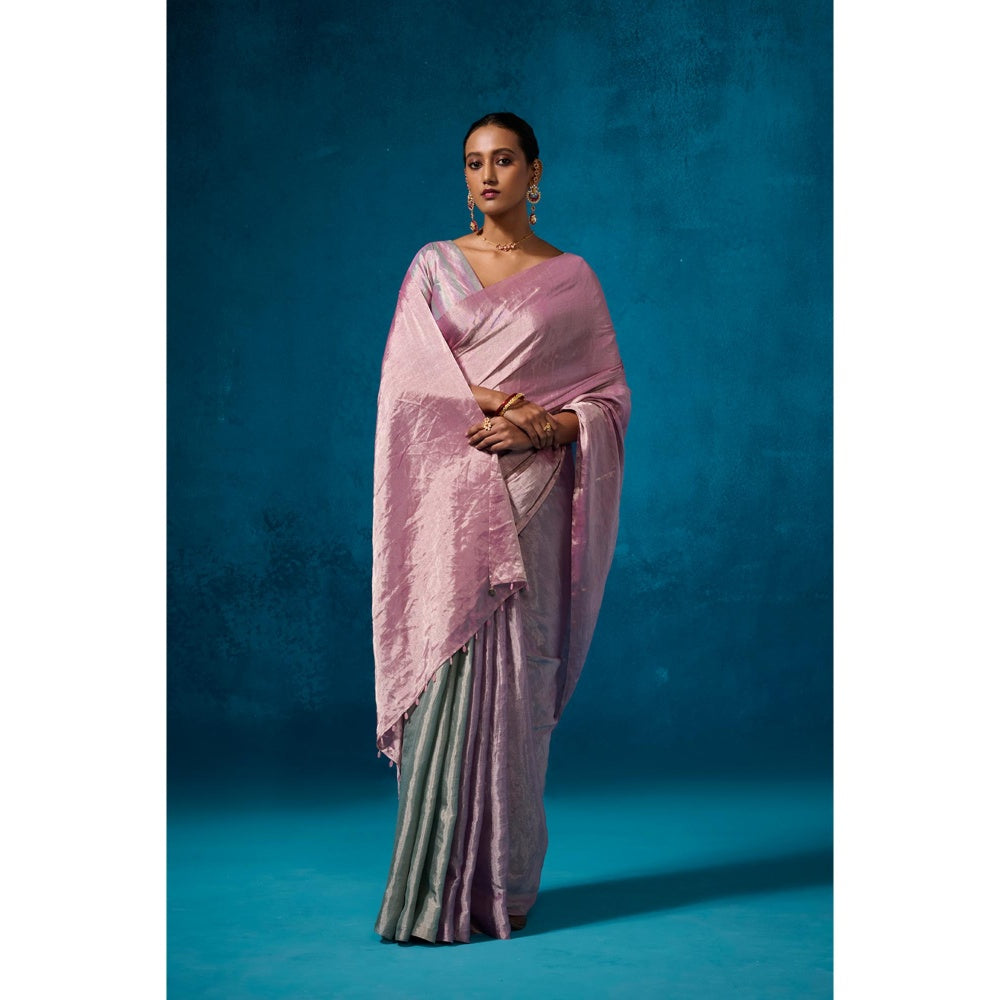 Dressfolk Handwoven Tissue Light Shades Of Pink Purple And Aqua Saree With Unstitched Blouse