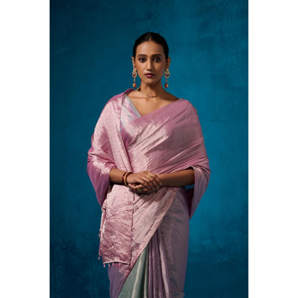 Dressfolk Handwoven Tissue Light Shades Of Pink Purple And Aqua Saree With Unstitched Blouse