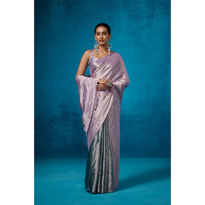 Dressfolk Handwoven Tissue Silver Base With Lilac And Sea Green Saree With Unstitched Blouse
