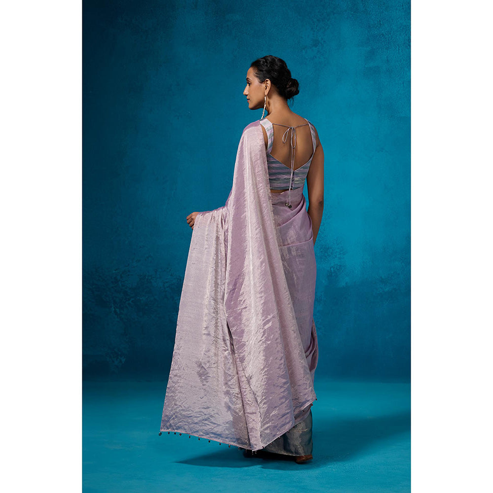 Dressfolk Handwoven Tissue Silver Base With Lilac And Sea Green Saree With Unstitched Blouse