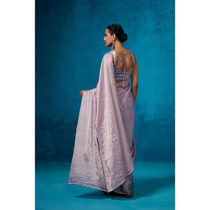Dressfolk Handwoven Tissue Silver Base With Lilac And Sea Green Saree With Unstitched Blouse
