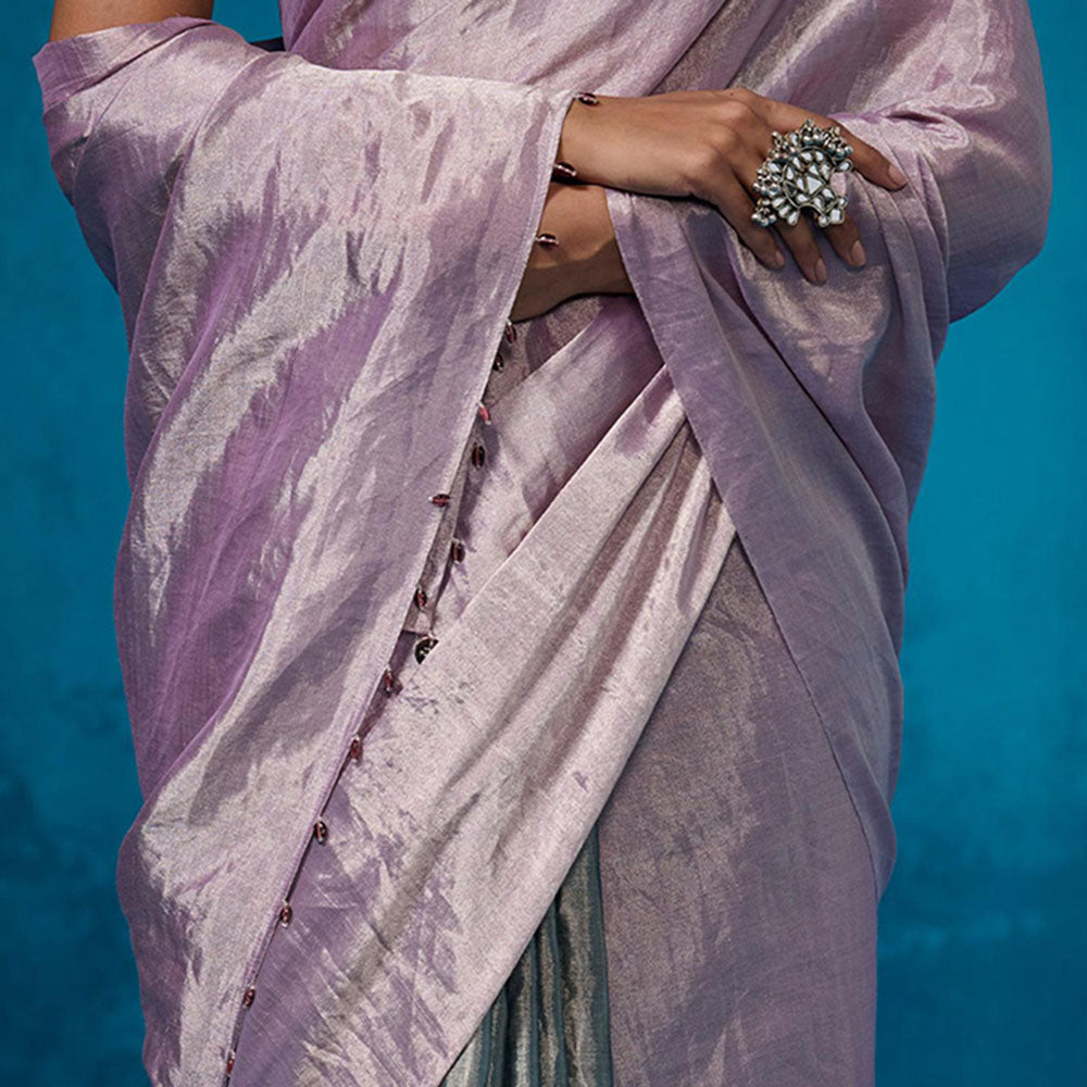 Dressfolk Handwoven Tissue Silver Base With Lilac And Sea Green Saree With Unstitched Blouse