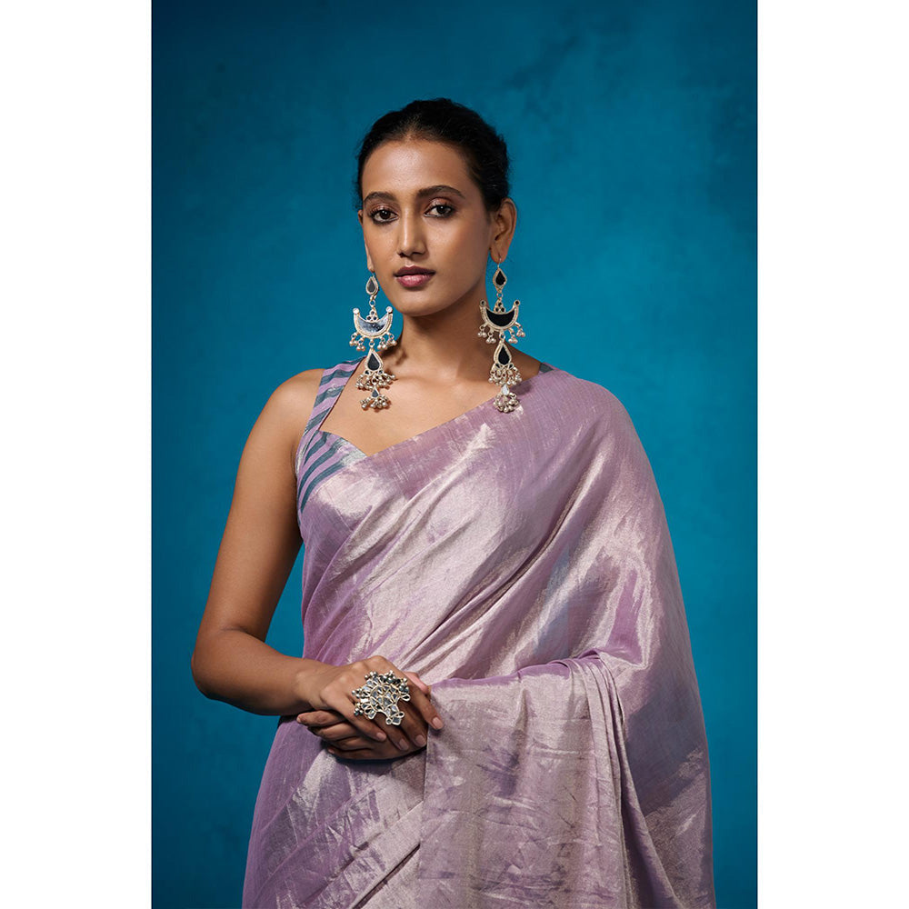Dressfolk Handwoven Tissue Silver Base With Lilac And Sea Green Saree With Unstitched Blouse
