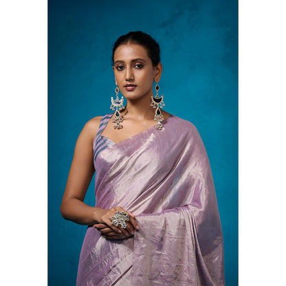 Dressfolk Handwoven Tissue Silver Base With Lilac And Sea Green Saree With Unstitched Blouse