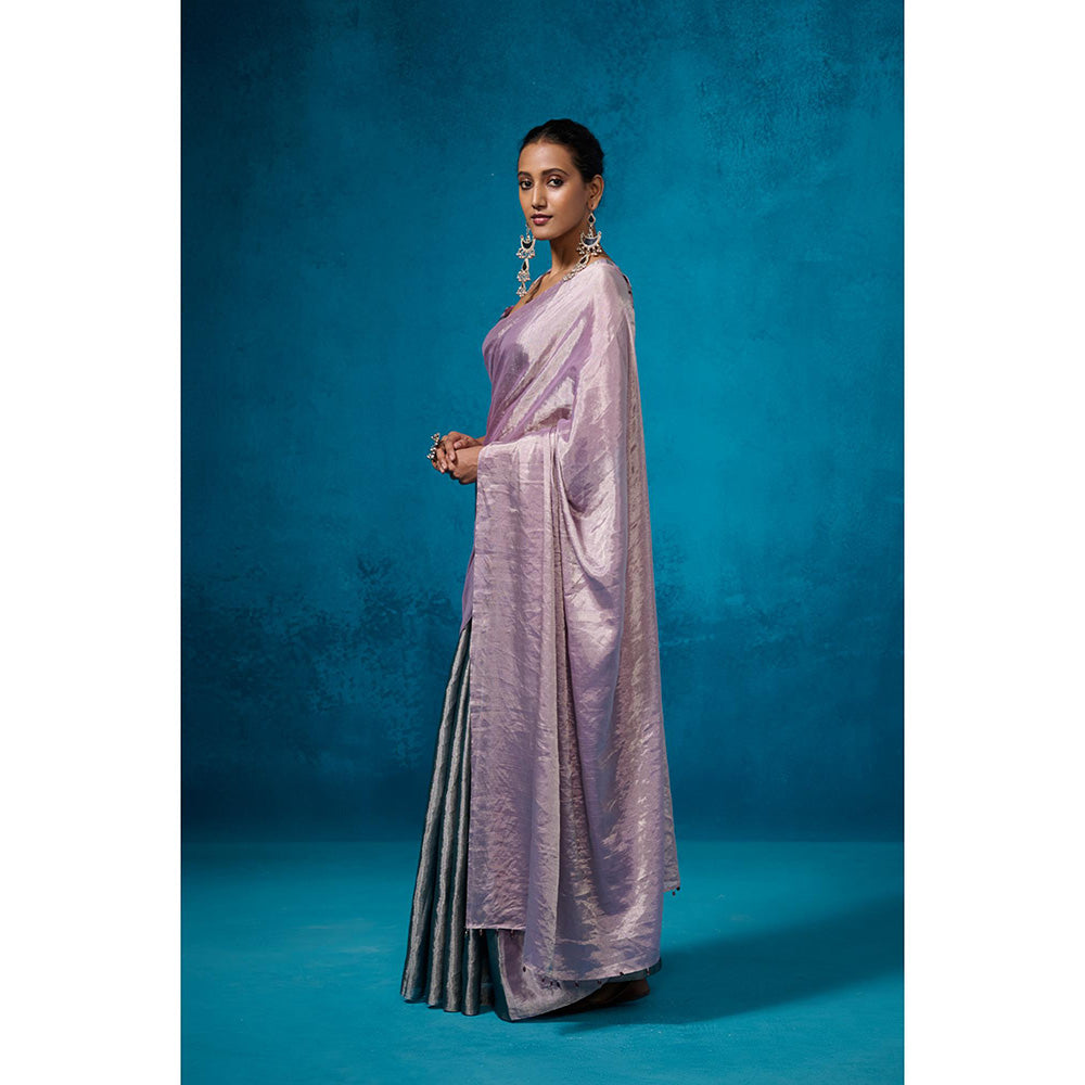 Dressfolk Handwoven Tissue Silver Base With Lilac And Sea Green Saree With Unstitched Blouse