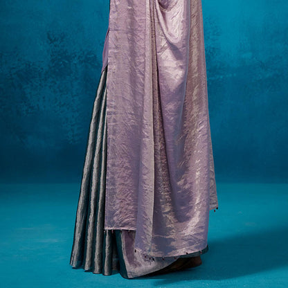 Dressfolk Handwoven Tissue Silver Base With Lilac And Sea Green Saree With Unstitched Blouse