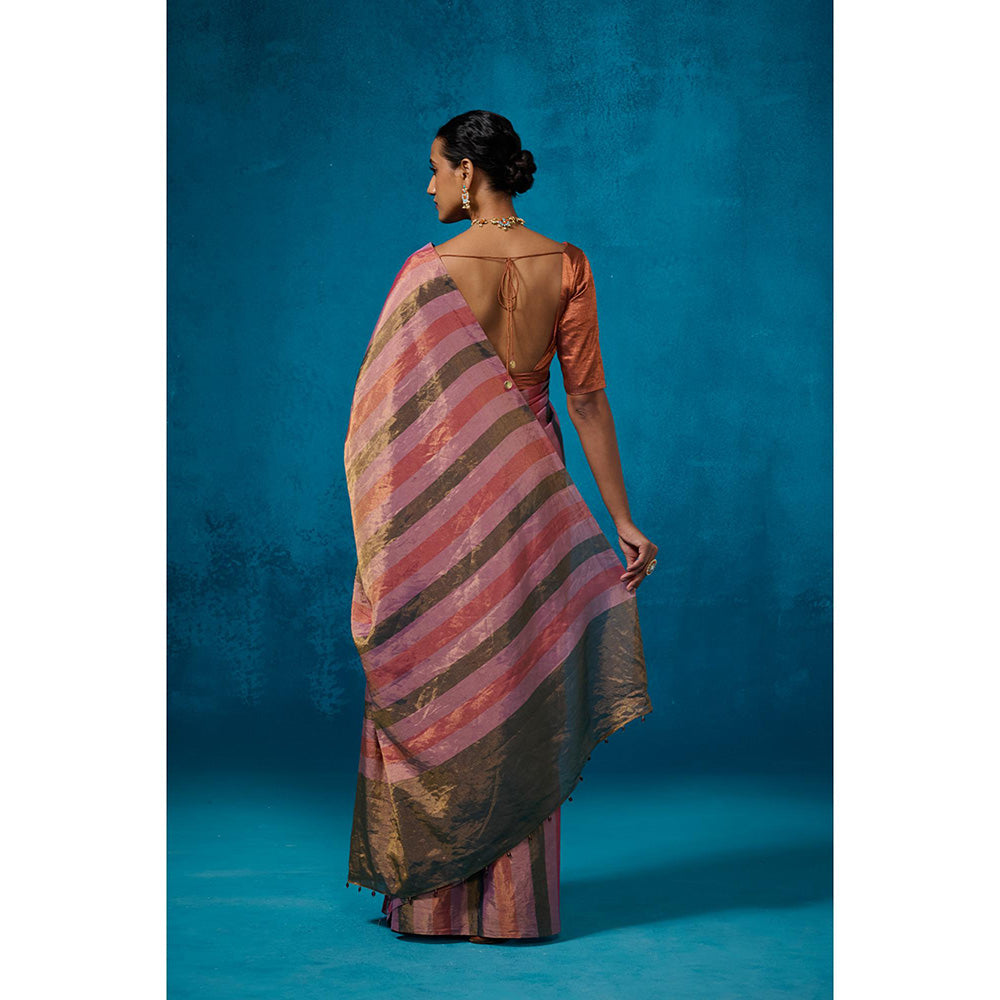Dressfolk Handwoven Tissue Multi Color Stripes On Gold Zari Base Saree With Unstitched Blouse