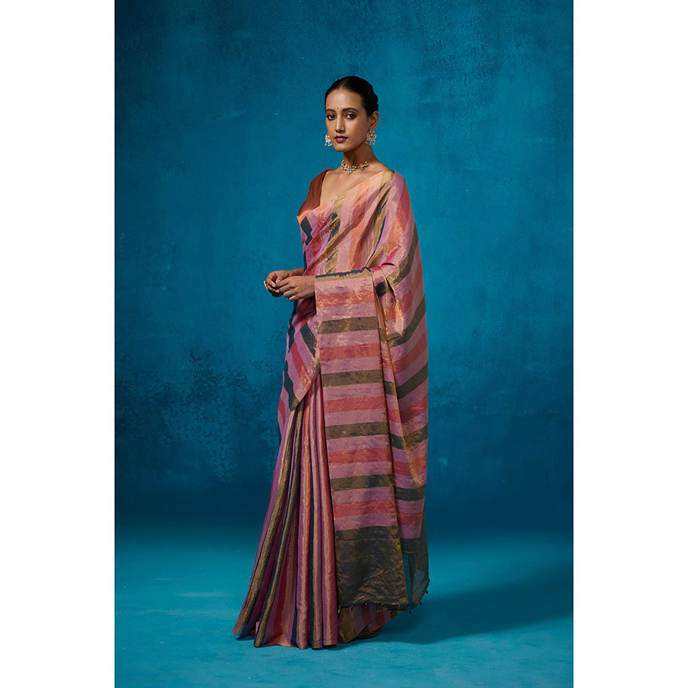 Dressfolk Handwoven Tissue Multi Color Stripes On Gold Zari Base Saree With Unstitched Blouse