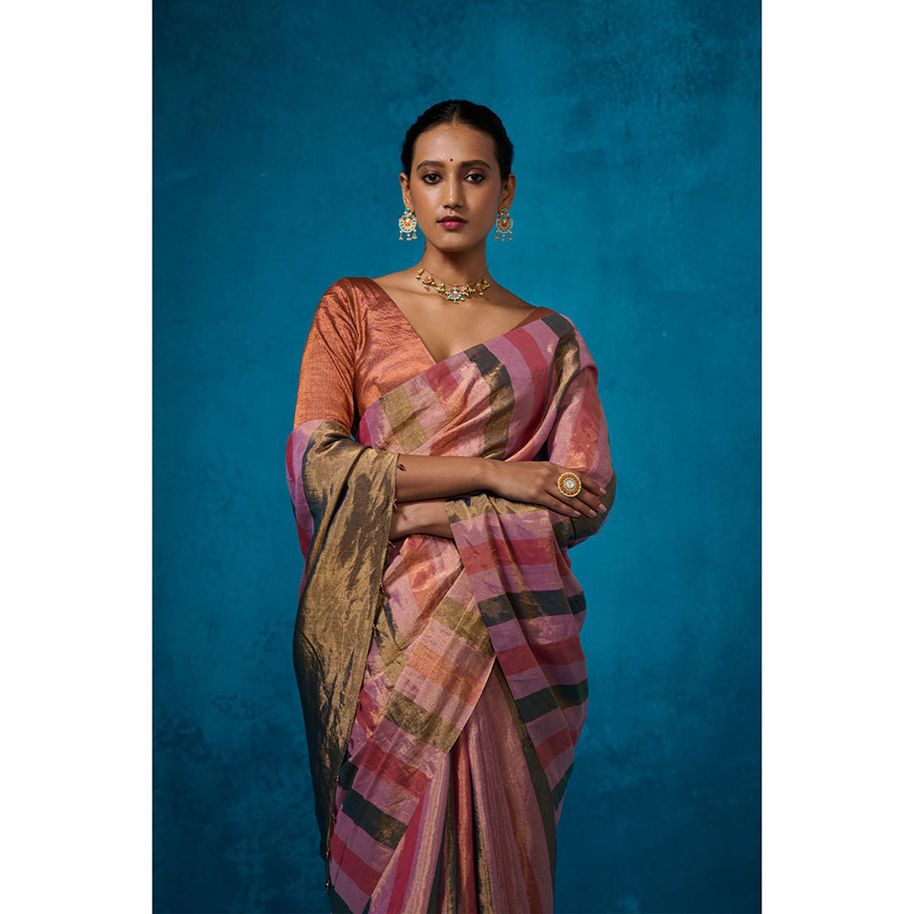 Dressfolk Handwoven Tissue Multi Color Stripes On Gold Zari Base Saree With Unstitched Blouse