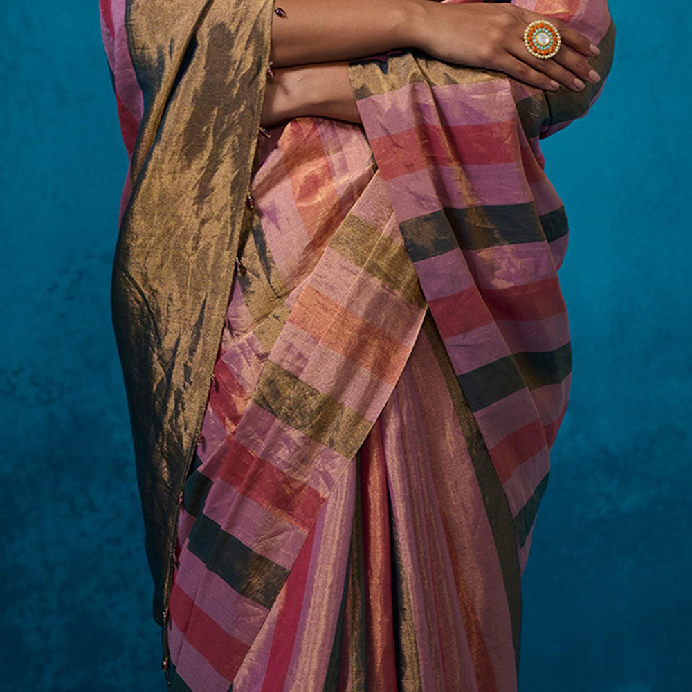 Dressfolk Handwoven Tissue Multi Color Stripes On Gold Zari Base Saree With Unstitched Blouse