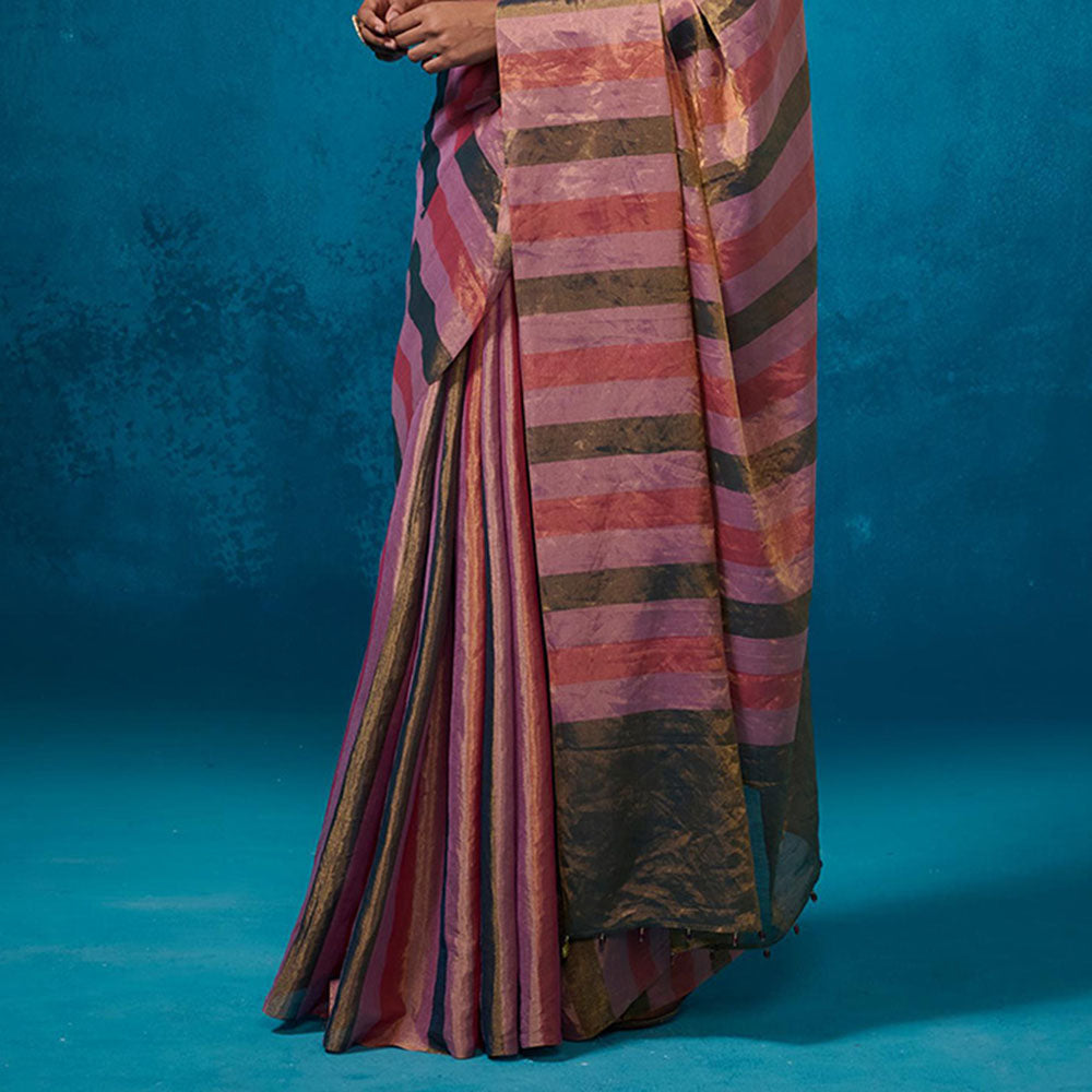 Dressfolk Handwoven Tissue Multi Color Stripes On Gold Zari Base Saree With Unstitched Blouse
