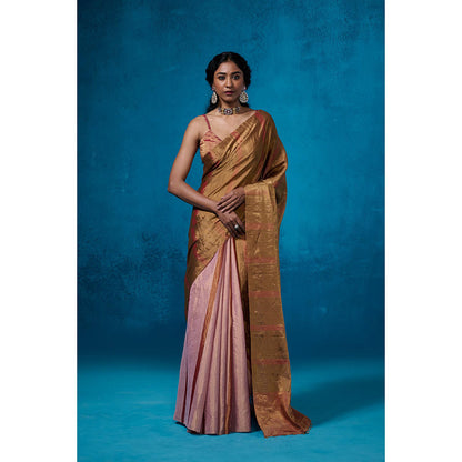 Dressfolk Handwoven Tissue Gold Zari Base Lilac Rust Stripes Saree With Matching Unstitched Blouse