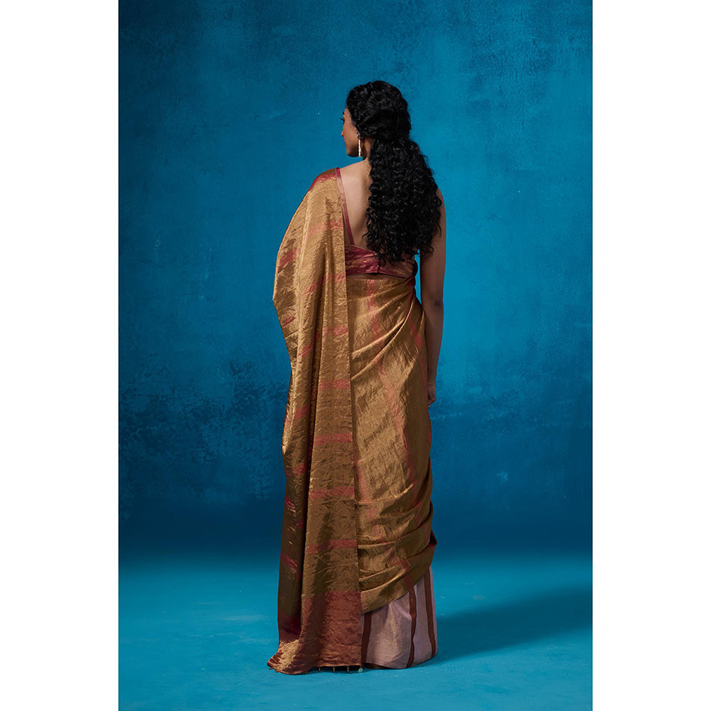 Dressfolk Handwoven Tissue Gold Zari Base Lilac Rust Stripes Saree With Matching Unstitched Blouse