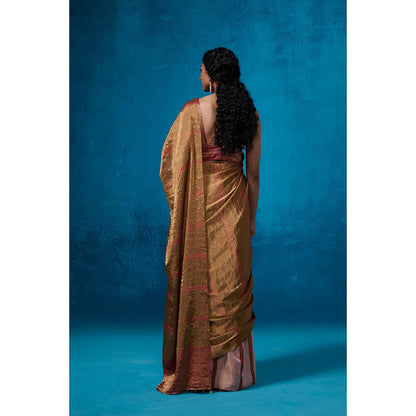 Dressfolk Handwoven Tissue Gold Zari Base Lilac Rust Stripes Saree With Matching Unstitched Blouse