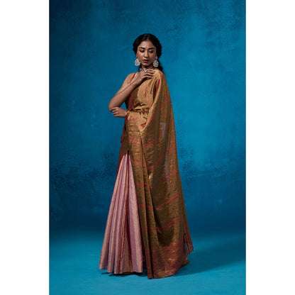 Dressfolk Handwoven Tissue Gold Zari Base Lilac Rust Stripes Saree With Matching Unstitched Blouse