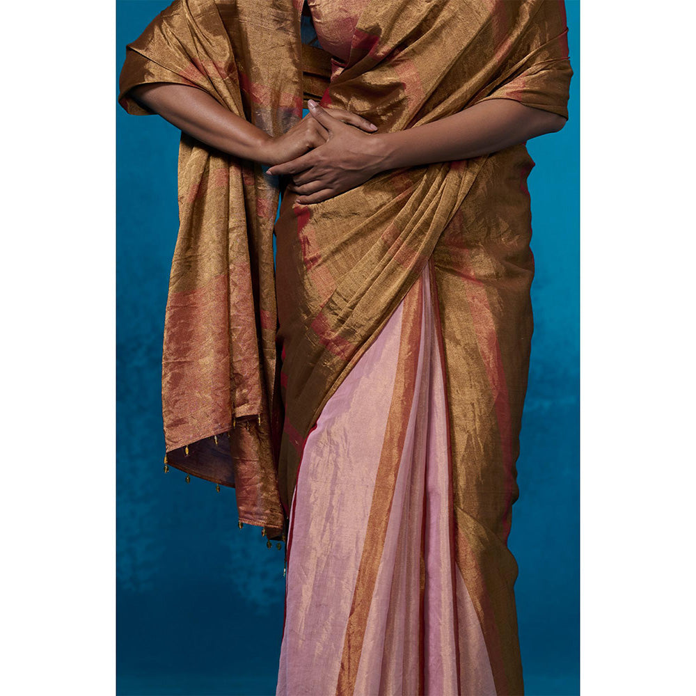 Dressfolk Handwoven Tissue Gold Zari Base Lilac Rust Stripes Saree With Matching Unstitched Blouse