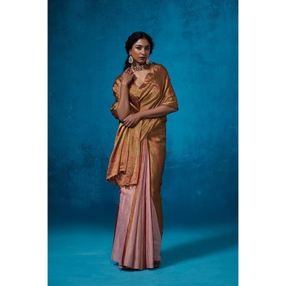 Dressfolk Handwoven Tissue Gold Zari Base Lilac Rust Stripes Saree With Matching Unstitched Blouse