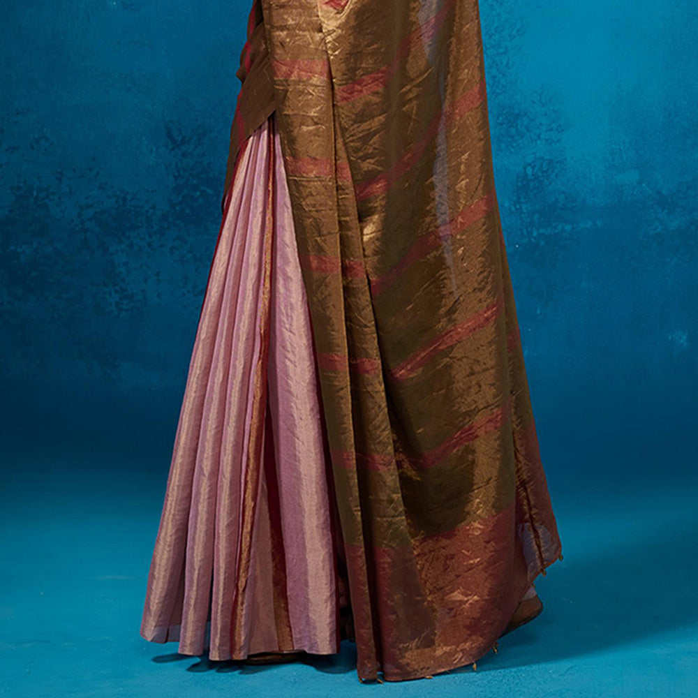 Dressfolk Handwoven Tissue Gold Zari Base Lilac Rust Stripes Saree With Matching Unstitched Blouse