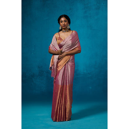 Dressfolk Handwoven Tissue Gold Zari Base Pink Orange Blocks Saree With Matching Unstitched Blouse