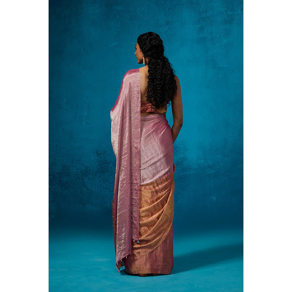 Dressfolk Handwoven Tissue Gold Zari Base Pink Orange Blocks Saree With Matching Unstitched Blouse