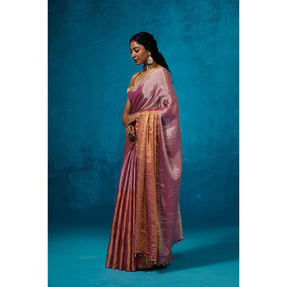 Dressfolk Handwoven Tissue Gold Zari Base Pink Orange Blocks Saree With Matching Unstitched Blouse