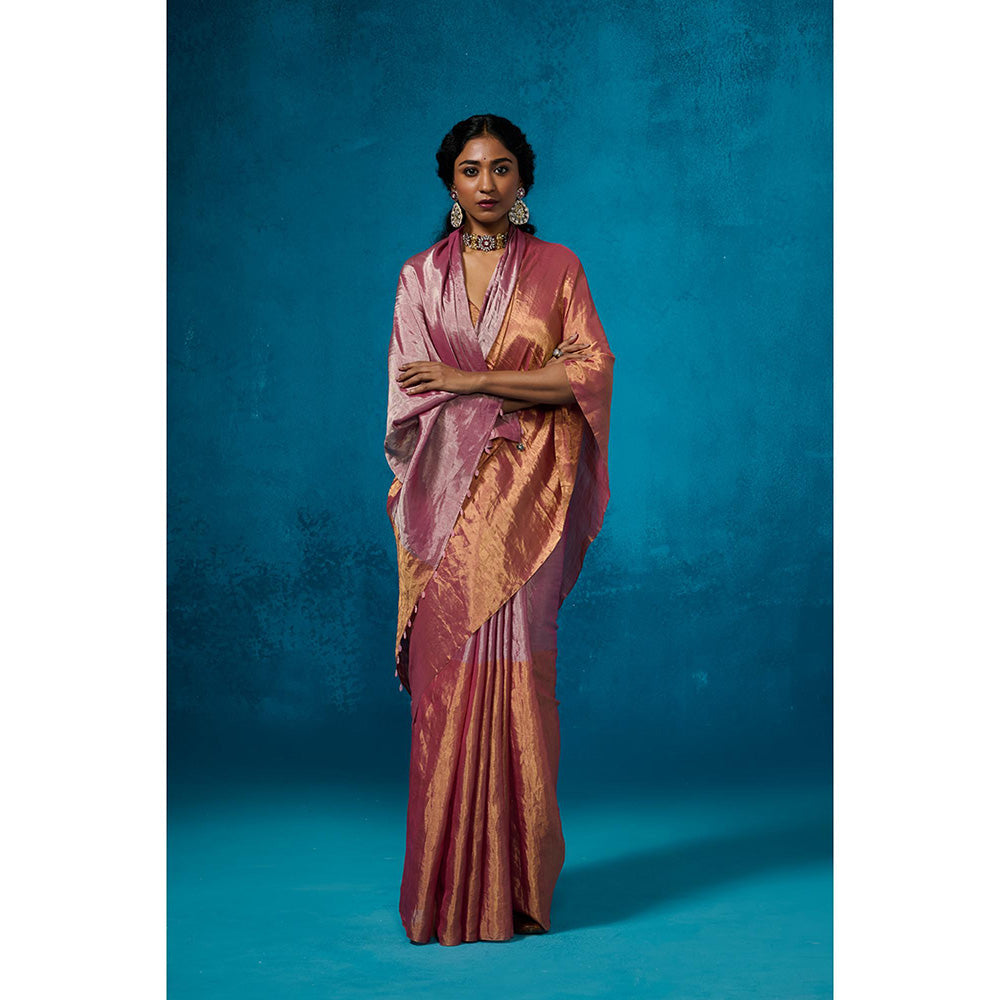 Dressfolk Handwoven Tissue Gold Zari Base Pink Orange Blocks Saree With Matching Unstitched Blouse