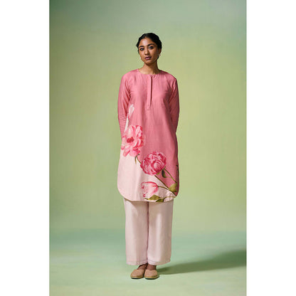 Dressfolk Pink Floral Chanderi Fabric Kurta (Set of 2)