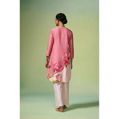 Dressfolk Pink Floral Chanderi Fabric Kurta (Set of 2)