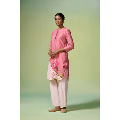 Dressfolk Pink Floral Chanderi Fabric Kurta (Set of 2)