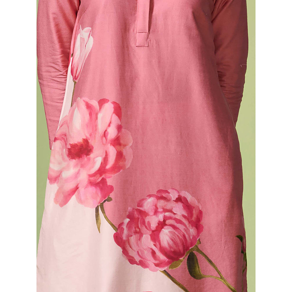 Dressfolk Pink Floral Chanderi Fabric Kurta (Set of 2)