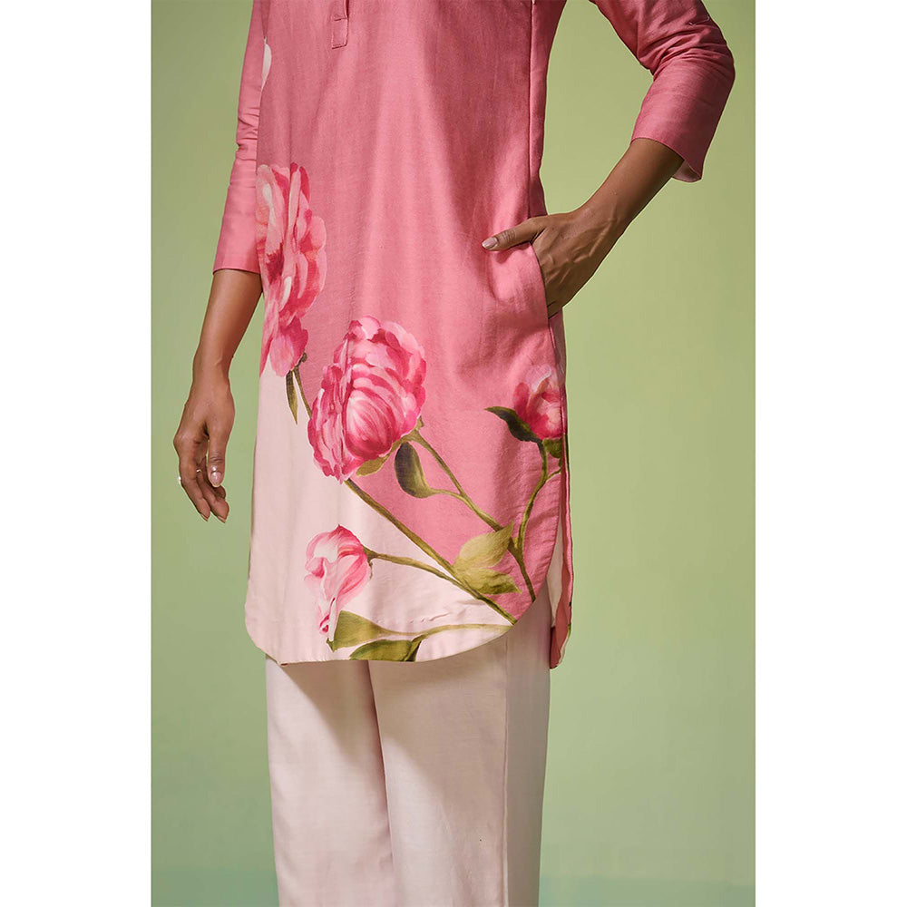 Dressfolk Pink Floral Chanderi Fabric Kurta (Set of 2)