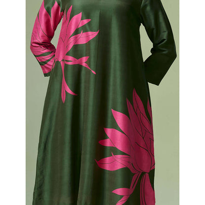 Dressfolk Dark Green Floral Chanderi Fabric Kurta with Pant (Set of 2)