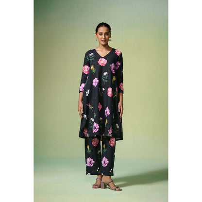 Dressfolk Black Floral Cotton-Linen Kurta with Pant (Set of 2)