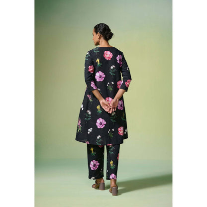Dressfolk Black Floral Cotton-Linen Kurta with Pant (Set of 2)