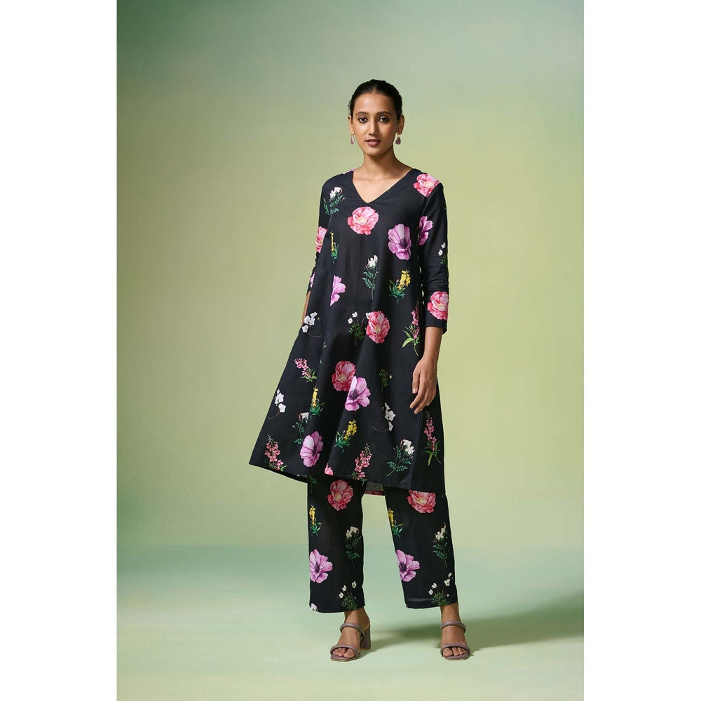 Dressfolk Black Floral Cotton-Linen Kurta with Pant (Set of 2)