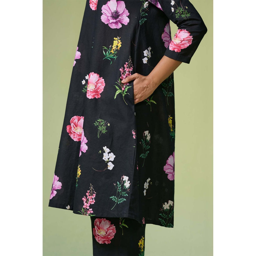 Dressfolk Black Floral Cotton-Linen Kurta with Pant (Set of 2)