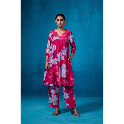 Dressfolk Pink Floral Chanderi Fabric Kurta with Pant (Set of 2)
